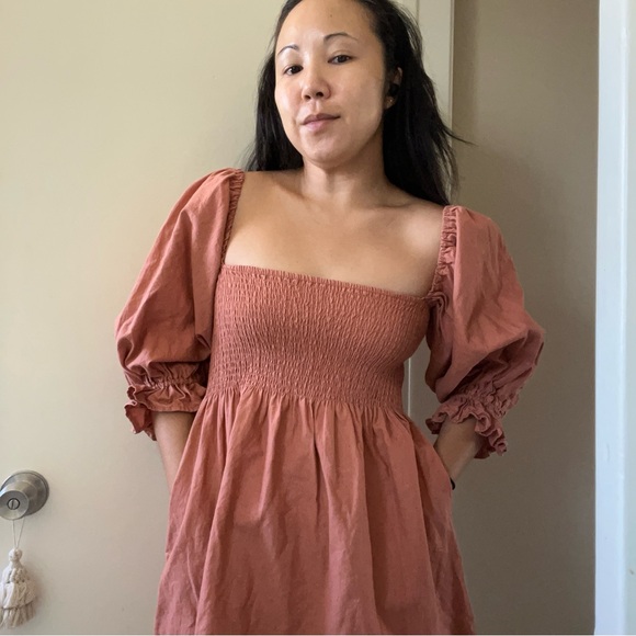 Kourt Portia Linen Flax Rust Burnt Orange Smocked Puff Sleeve Mini Dress Sz S - Picture 4 of 11